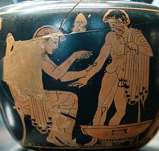 Doctor practices on patient (Attic red-figure kylix, c. 500 BC). Image may be subject to copyright