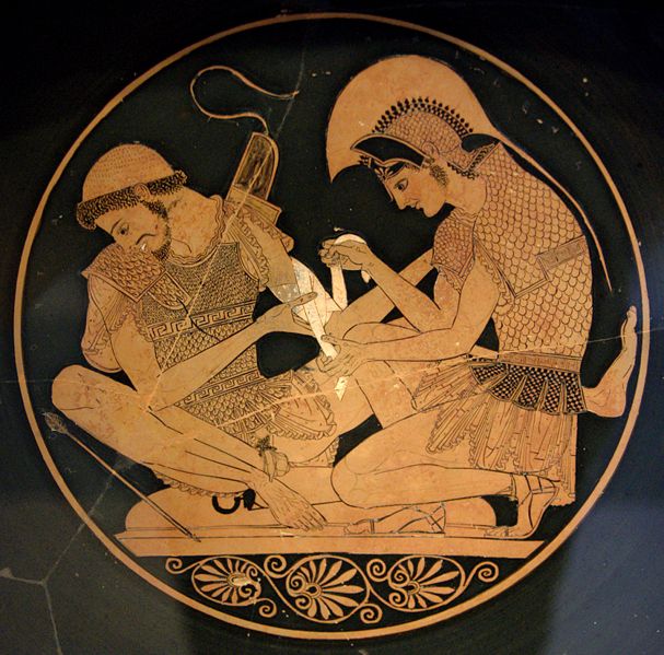 Achilles tending the wounded Patroclus (Attic red-figure kylix, c. 500 BC). Image may be subject to copyright
