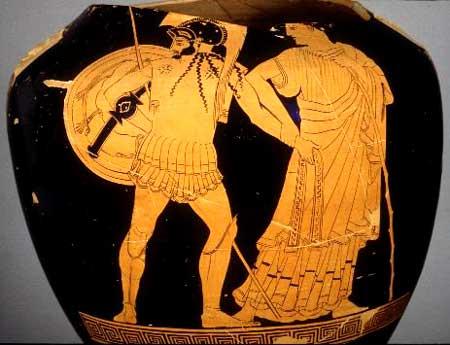 Απεικόνιση συνήθης διάταξης εσωτερικού οπλιτικής ασπίδας. Στην εν λόγω εικόνα αποκαλύπτεται η λεπτομέρεια της εσωτερικής μαλακής επένδυσης που περιορίζεται στον χώρο γύρω της λαβής. Αυτή η προσθήκη επένδυσης πιθανότατα εξυπηρετούσε στην προστασία του χεριού από της πιέσεις (ως αποσβεστικό μέσο των πιέσεων) και την αδρή επιφάνεια του ξύλου.Θα πρέπει να έχουμε υπόψιν τις τεράστιες μηχανικές πιέσεις που δέχονταν οι ασπίδες των μπροστινών σειρών κατά την διάρκεια των συγκρούσεων. Η κεφαλαιώδη σημασία της ασπίδας ως μέρος της εξάρτησης διαφαίνεται και από το γεγονός ότι στις περισσότερες καλλιτεχνικές απεικονίσεις είναι πάντοτε παρόν σε αντίθεση με την παρουσία πανοπλιών , κράνους κλπ. Μια ασπίδα μπορούσε υπό συνθήκες να χρησιμεύσει και ως επιθετικό όπλο. Image may be copyrighted