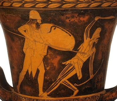 Παράσταση ερυθρόμορφου αγγείου που απεικονίζει γυμνό Έλληνα οπλίτη να πλήττει με δόρι στρατιώτη της Περσικής παράταξης. Χαρακτηριστικό είναι πως μονάχα ο Πέρσης φορά αμυντική εξάρτηση και μάλιστα τύπου λινοθώρακα. Η εικόνα αυτή ίσως να αποδεικνύει την διαδεδομένη χρήση πανοπλίας τύπου λινοθώρακα και πέρα του Ελληνικού χώρου. Αν αναλογιστούμε όμως τα θολά σύνορα του Ασιανικού Ελληνισμού της Μ.Ασίας τότε τα εξαγόμενα συμπεράσματα από εικόνες σαν και αυτή γίνονται πραγματικά προβληματικά. Ο Πέρσης στρατιώτης θα μπορούσε να αποτελεί Έλληνα μισθοφόρο της Μ.Ασίας που θα συνδύαζε τις δύο ενδυματολογικές παραδόσεις.