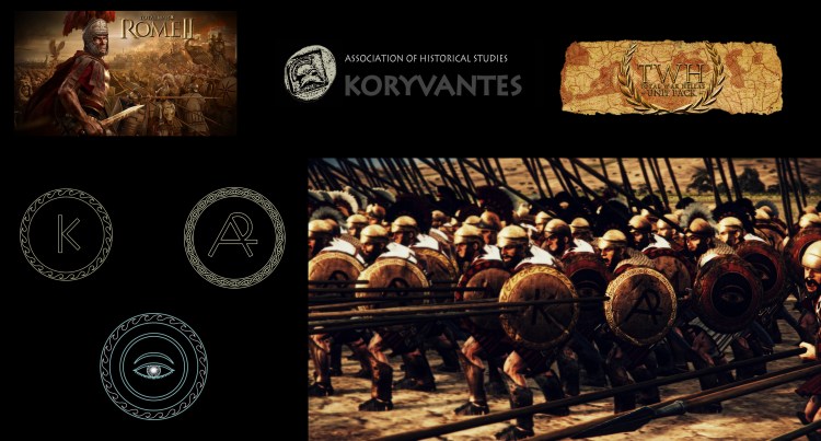 Shield devices (Emblems - Εμβλήματα) of Corinthos (K) , Arcadia (AR), and Argos (eye) City-States for the TW Unit "Pelloponessian Fallangites - Sparta" - Design by Dimitrios Nikolakopoulos, Architect