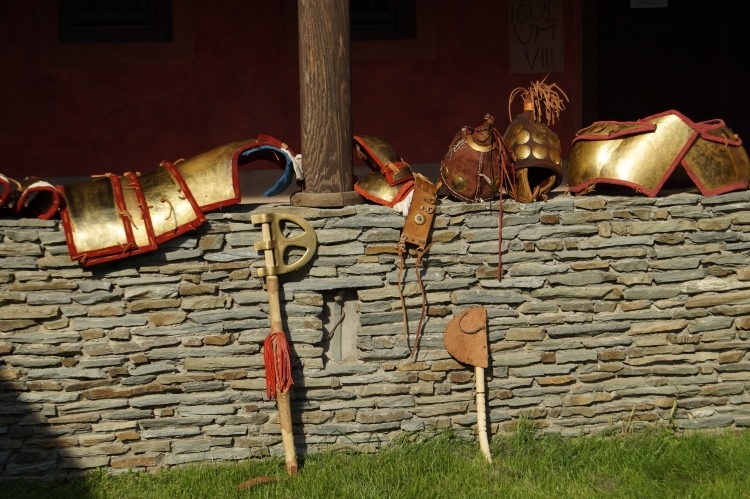 Reconstruction of plate Mycaenean armor and helmets, during presentation in Viminacium Museum (Serbia). Association of Historical Studies KORYVANTES