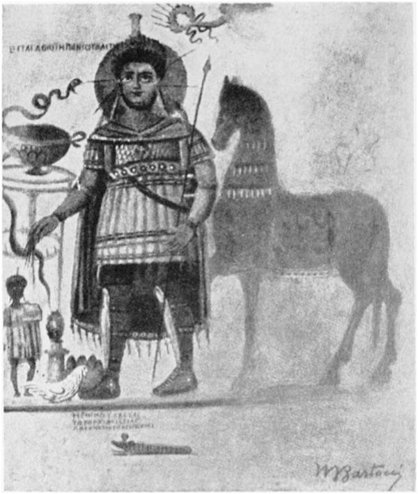 Η Ελληνιστική Στρατιωτική παράδοση σωζόμενη στους πρώτους μεταχριστιανικούς αιώνες μέσω του θρησκευτικού συγκρητισμού. Ο Ελληνο-Αιγυπτιακός θεός-πολεμιστής Ήρων ,μια θεότητα που η λατρευτική της αφετηρία, με φωτοστέφανο και στρατιωτική περιβολή. Αυτό που είναι αξιοσημείωτο είναι ότι αιώνες μετά την κατάλυση των Ελληνιστικών Βασιλείων στην Ρωμαϊκή Αίγυπτο ο Θεός αποτυπώνεται να φέρει ελληνιστικό θώρακα με φολίδες και διπλή σειρά μακριών πτερύγων, και επίθεμα γοργόνειου στο στήθος , αποτυπώνοντας μια κλασσική μορφή πολεμιστή ευγενούς καταγωγής των Ελληνιστικών Στρατών. Πηγή φωτογραφίας : Ernst H. Kantorowicz, “Gods in Uniform” , Proceedings of the American Philosophical Society, Vol. 105, No. 4 (Aug. 15, 1961), p369. Image may be copyrighted.